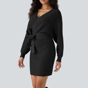 NWT Halara Black Crossover V-Neck Sweater Mini Dress Size L